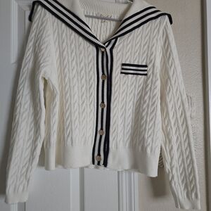 Merle White Cable Knit Sailor Inspired Cardigan with Navy Trim